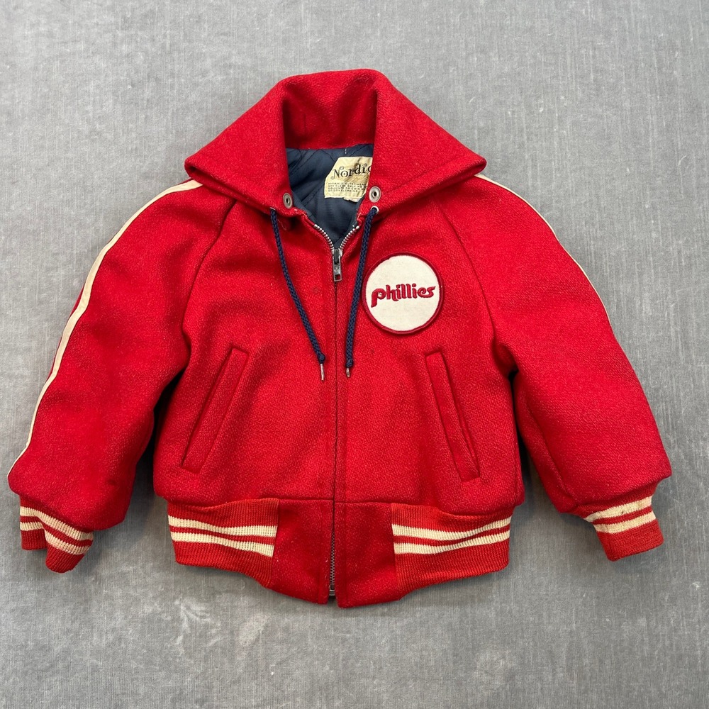 Phillies MLB Red‎ Nordic Kids 4 Red Varsity Jacket Baseball Style Wool Blend
